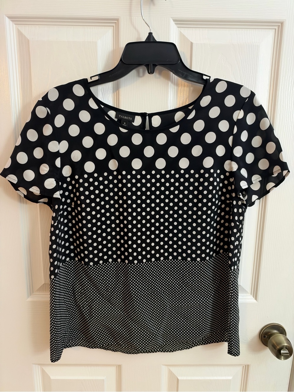 Talbots 100% Silk Black & White Mixed Polka Dot Short Sleeve Blouse